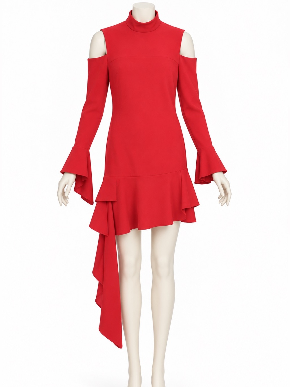 ALEXIS Red Cold Shoulder Asymmetric Ruffle Mini Dress XS